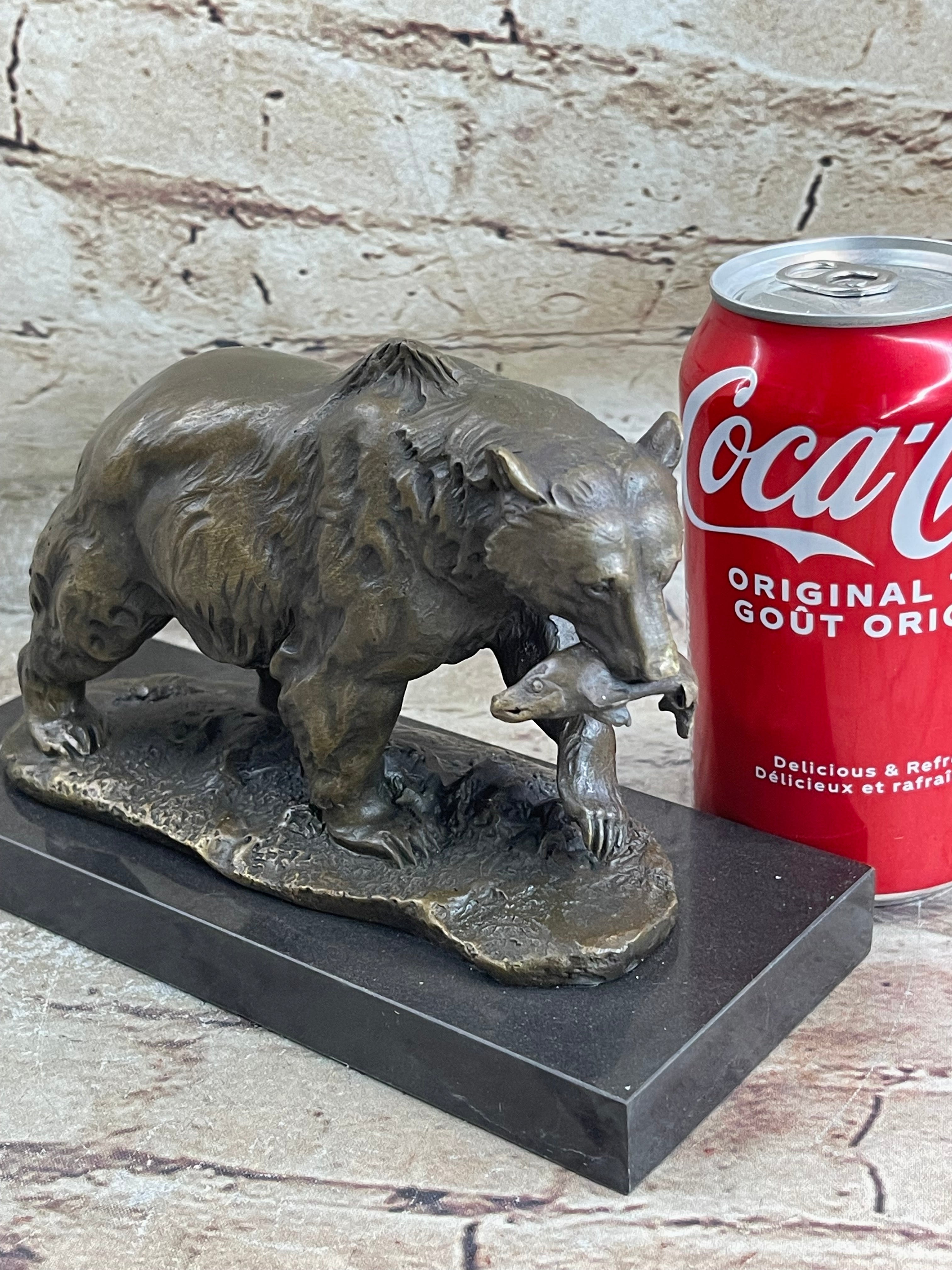 Bronze Grizzly Bear Hunting Fish Sculpture Marble Base