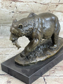 Bronze Grizzly Bear Hunting Fish Sculpture Marble Base