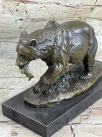 Bronze Grizzly Bear Hunting Fish Sculpture Marble Base