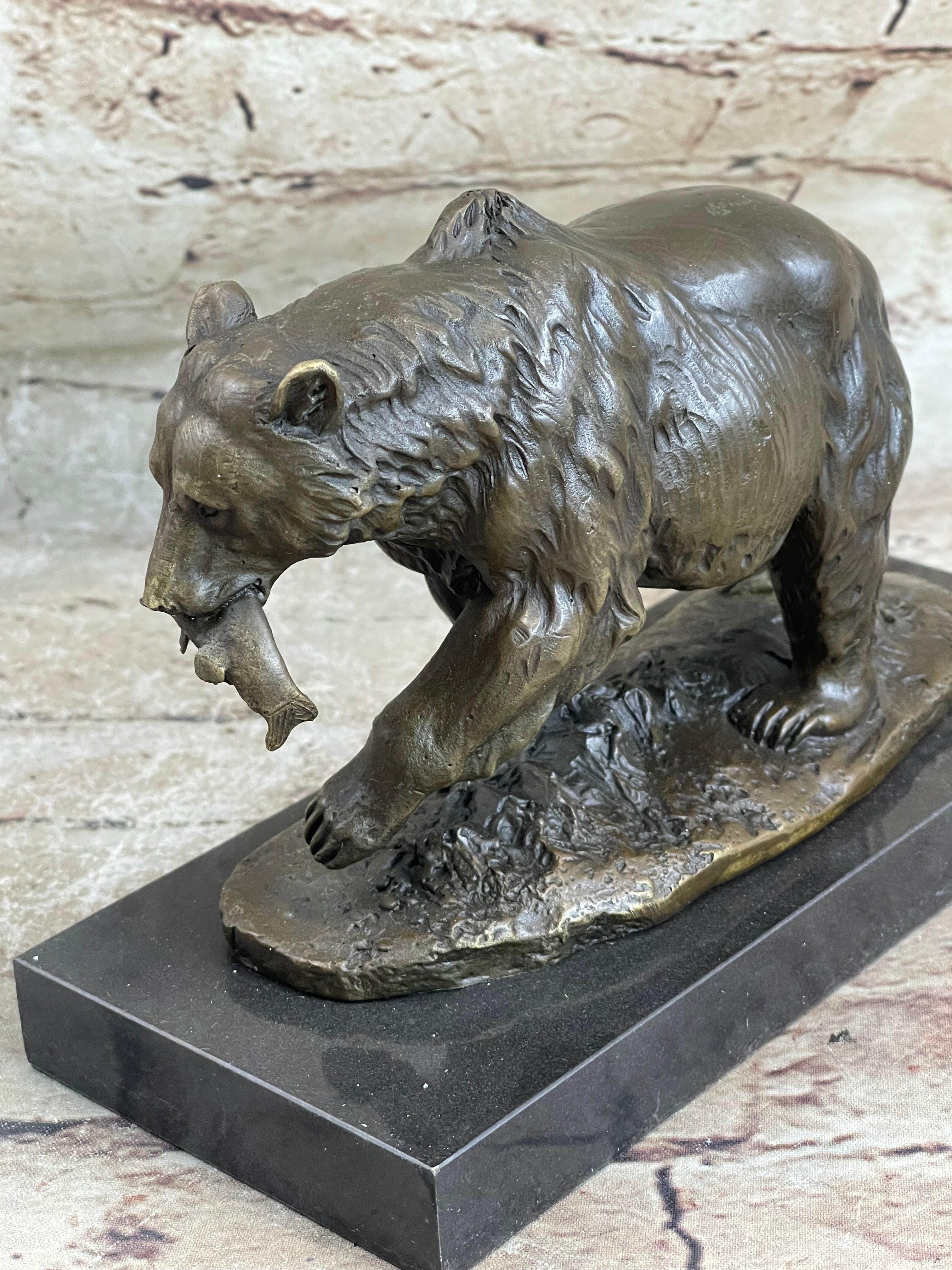 Bronze Grizzly Bear Hunting Fish Sculpture Marble Base
