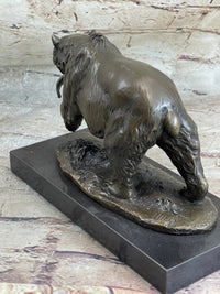 Bronze Grizzly Bear Hunting Fish Sculpture Marble Base