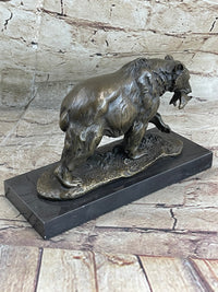 Bronze Grizzly Bear Hunting Fish Sculpture Marble Base