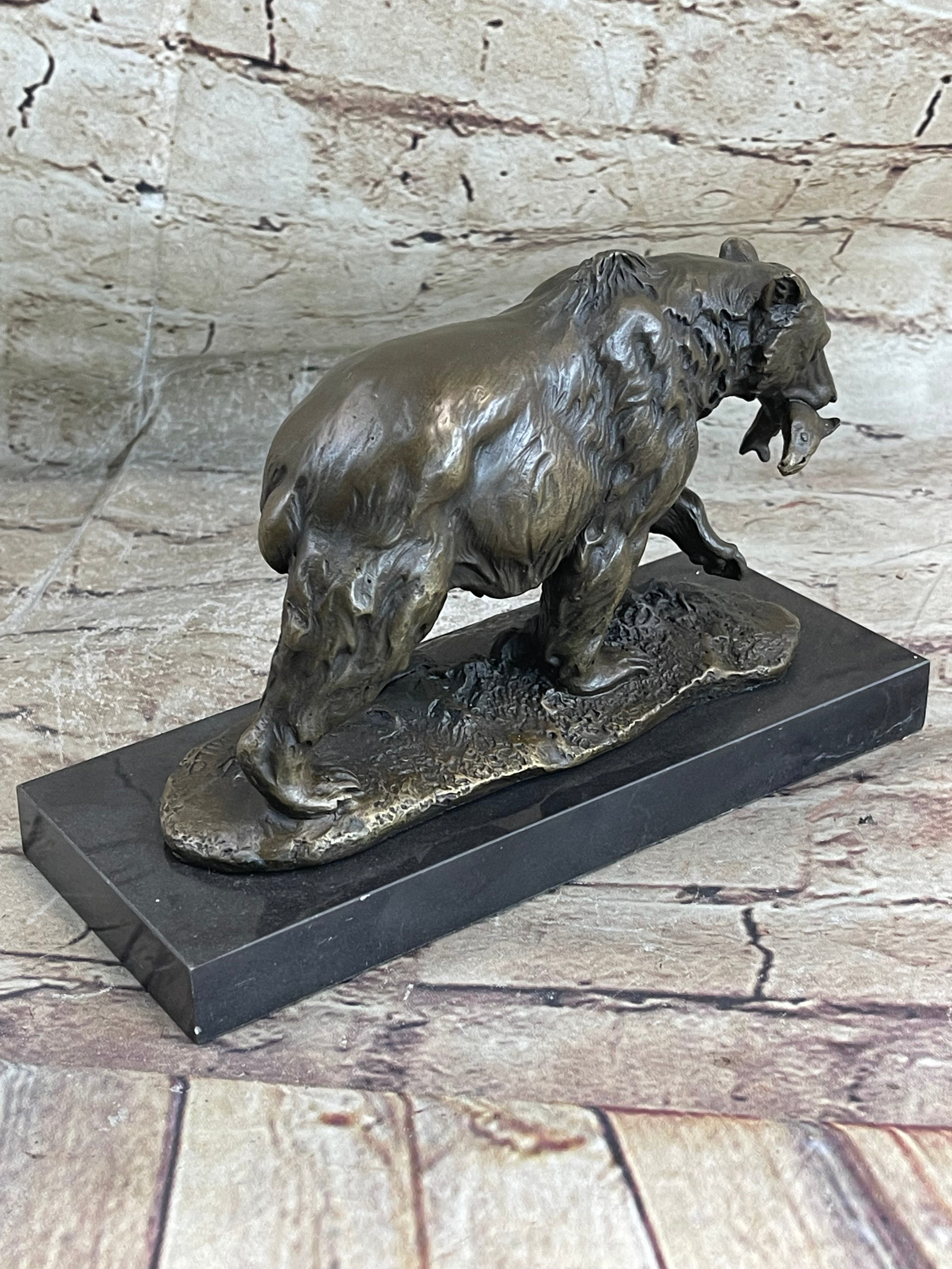 Bronze Grizzly Bear Hunting Fish Sculpture Marble Base