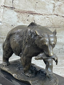 Bronze Grizzly Bear Hunting Fish Sculpture Marble Base