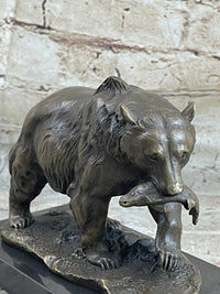 Bronze Grizzly Bear Hunting Fish Sculpture Marble Base