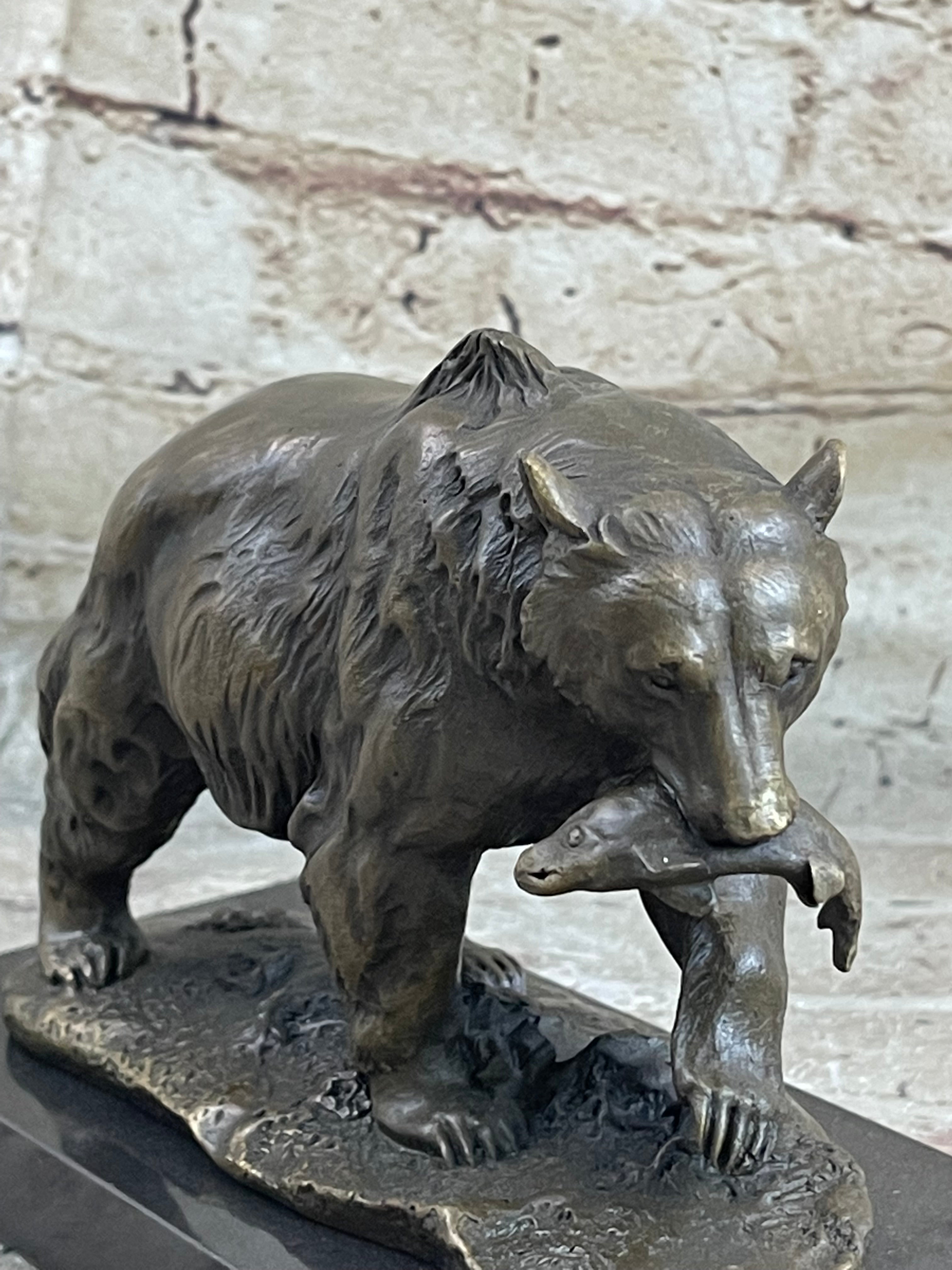 Bronze Grizzly Bear Hunting Fish Sculpture Marble Base