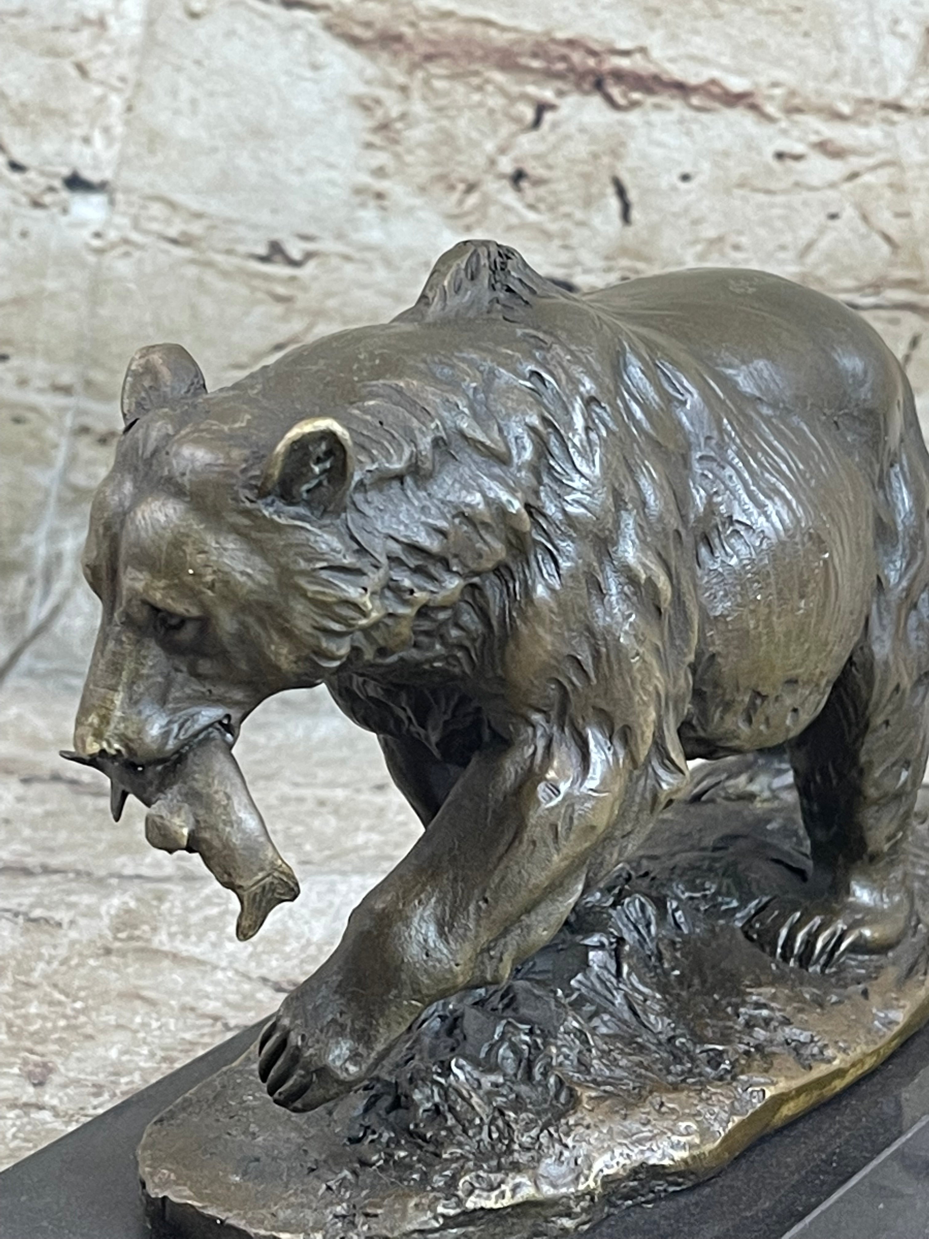 Bronze Grizzly Bear Hunting Fish Sculpture Marble Base