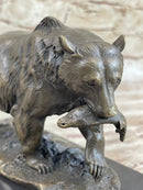 Bronze Grizzly Bear Hunting Fish Sculpture Marble Base