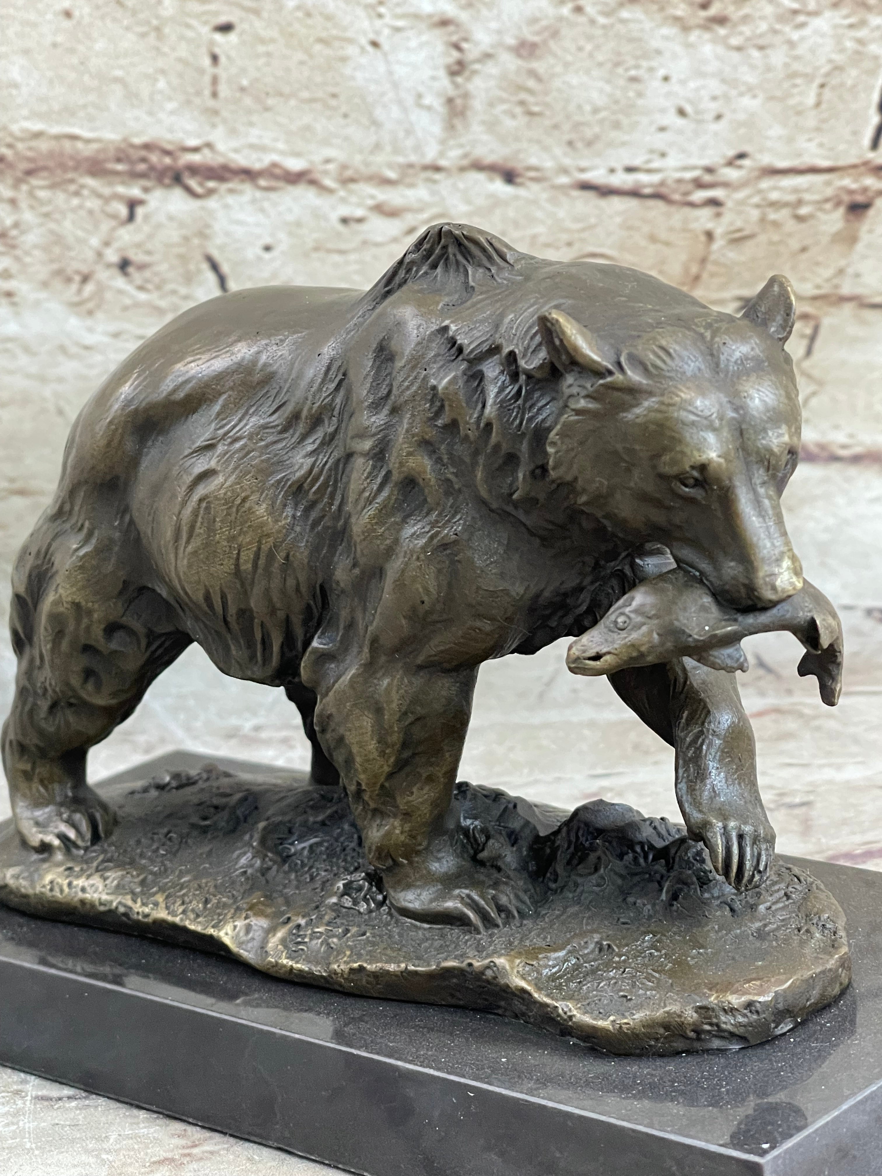 Bronze Grizzly Bear Hunting Fish Sculpture Marble Base