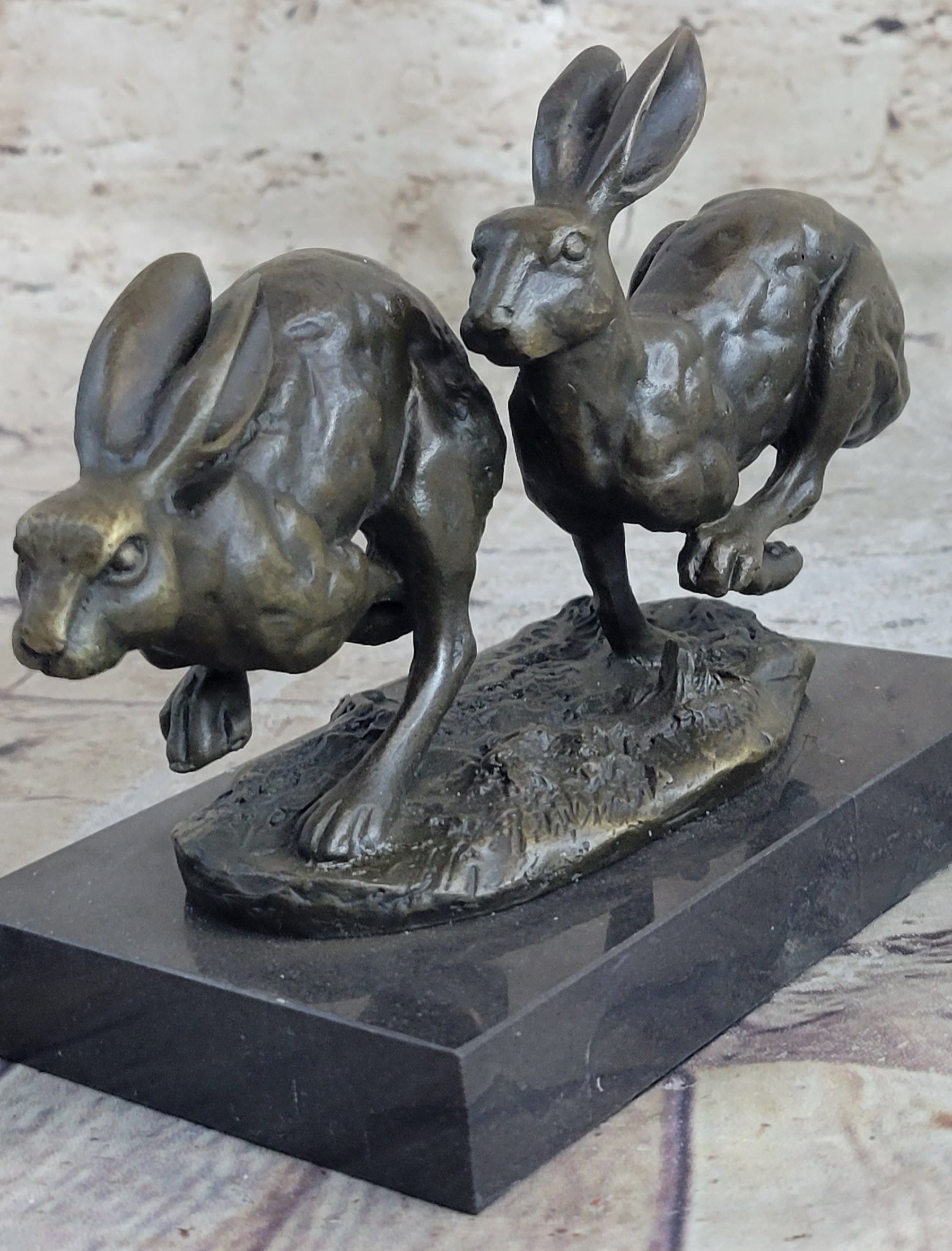Art Deco Hares Rabbit Bronze Sculpture Easter Bunny Marble