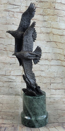 Bald Eagles Flying Bronze Metal Sculpture on Green Marble Base