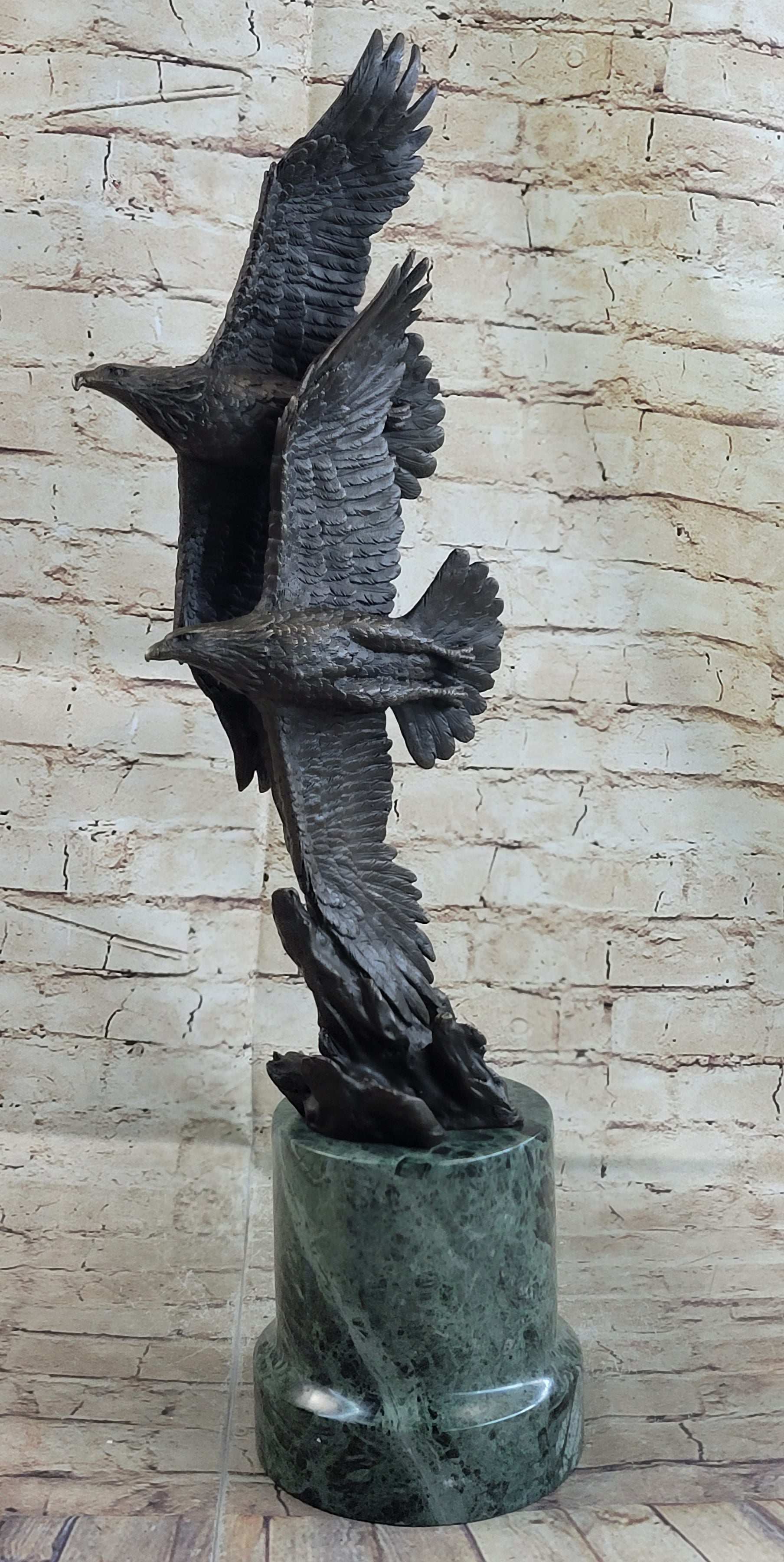 Bald Eagles Flying Bronze Metal Sculpture on Green Marble Base