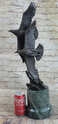 Bald Eagles Flying Bronze Metal Sculpture on Green Marble Base
