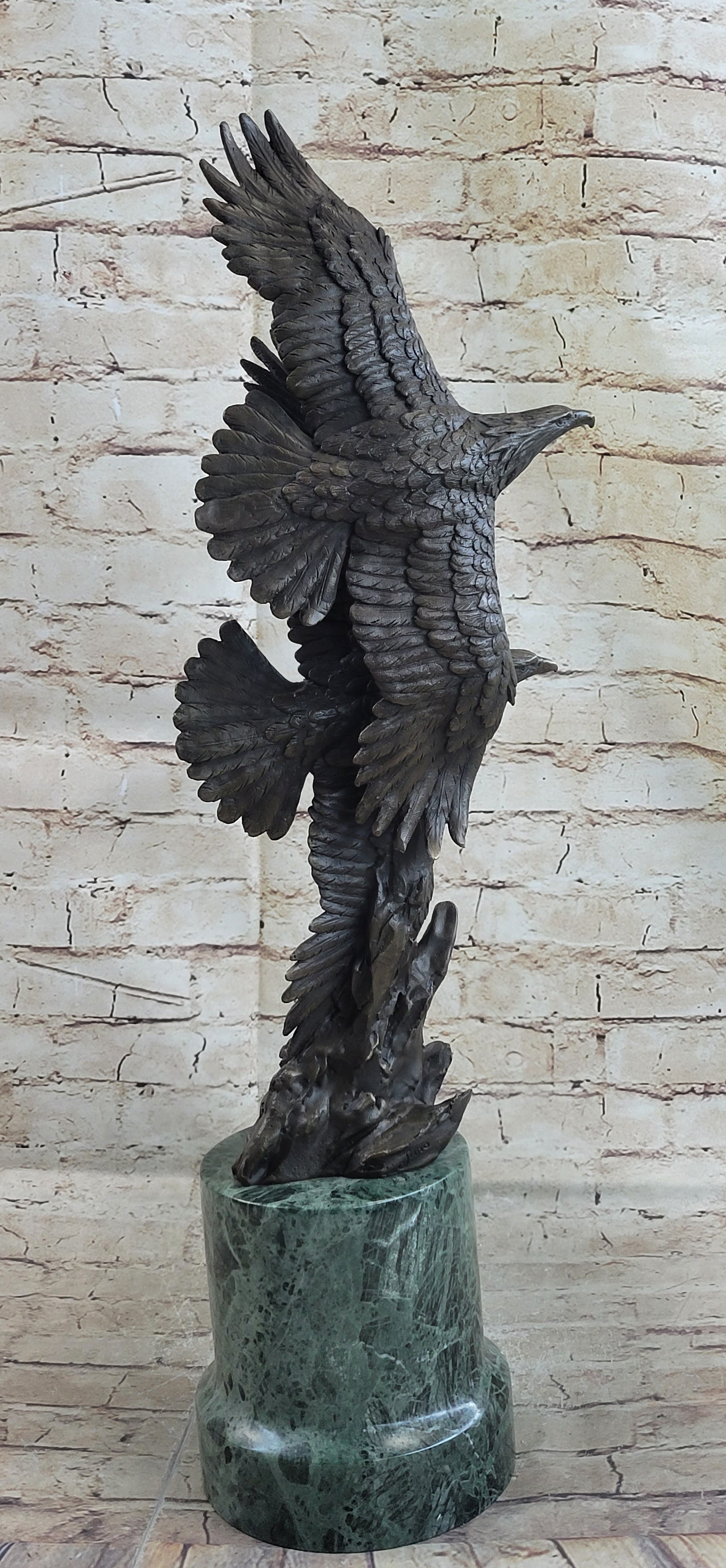 Bald Eagles Flying Bronze Metal Sculpture on Green Marble Base