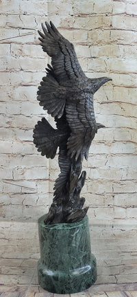 Bald Eagles Flying Bronze Metal Sculpture on Green Marble Base