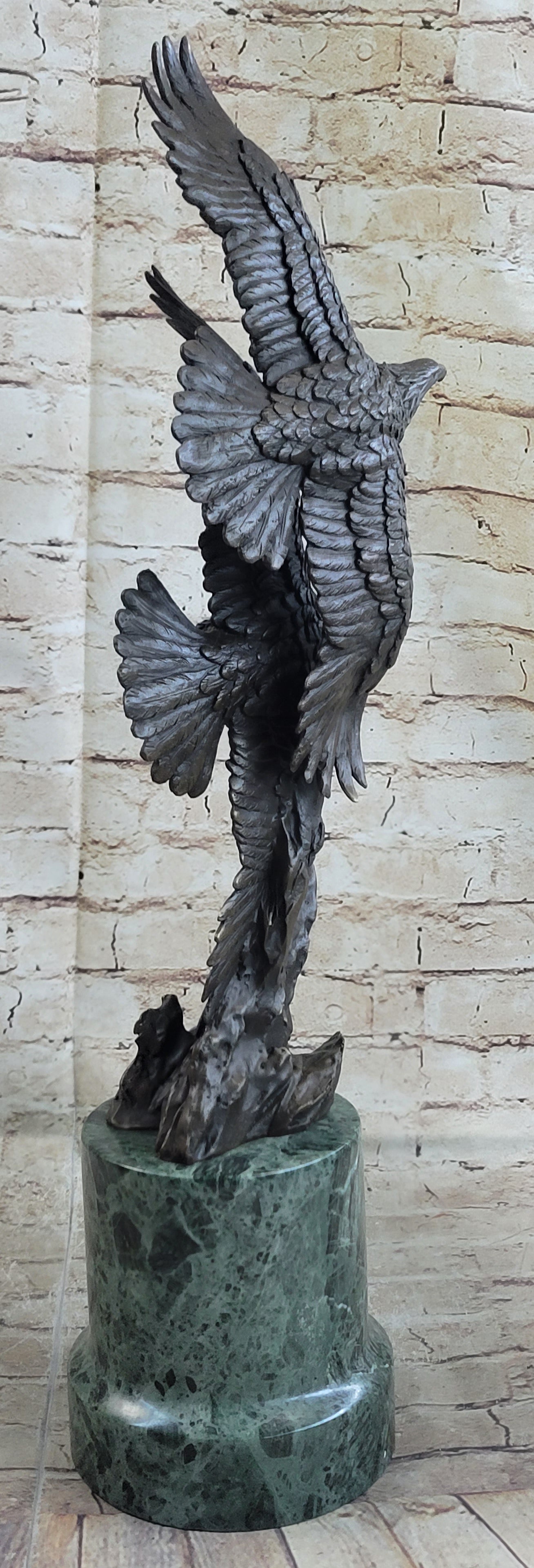 Bald Eagles Flying Bronze Metal Sculpture on Green Marble Base