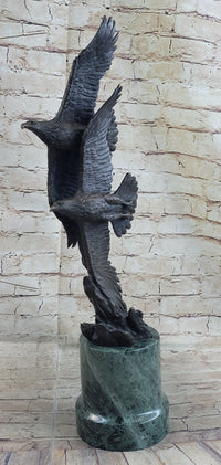 Bald Eagles Flying Bronze Metal Sculpture on Green Marble Base