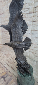 Bald Eagles Flying Bronze Metal Sculpture on Green Marble Base