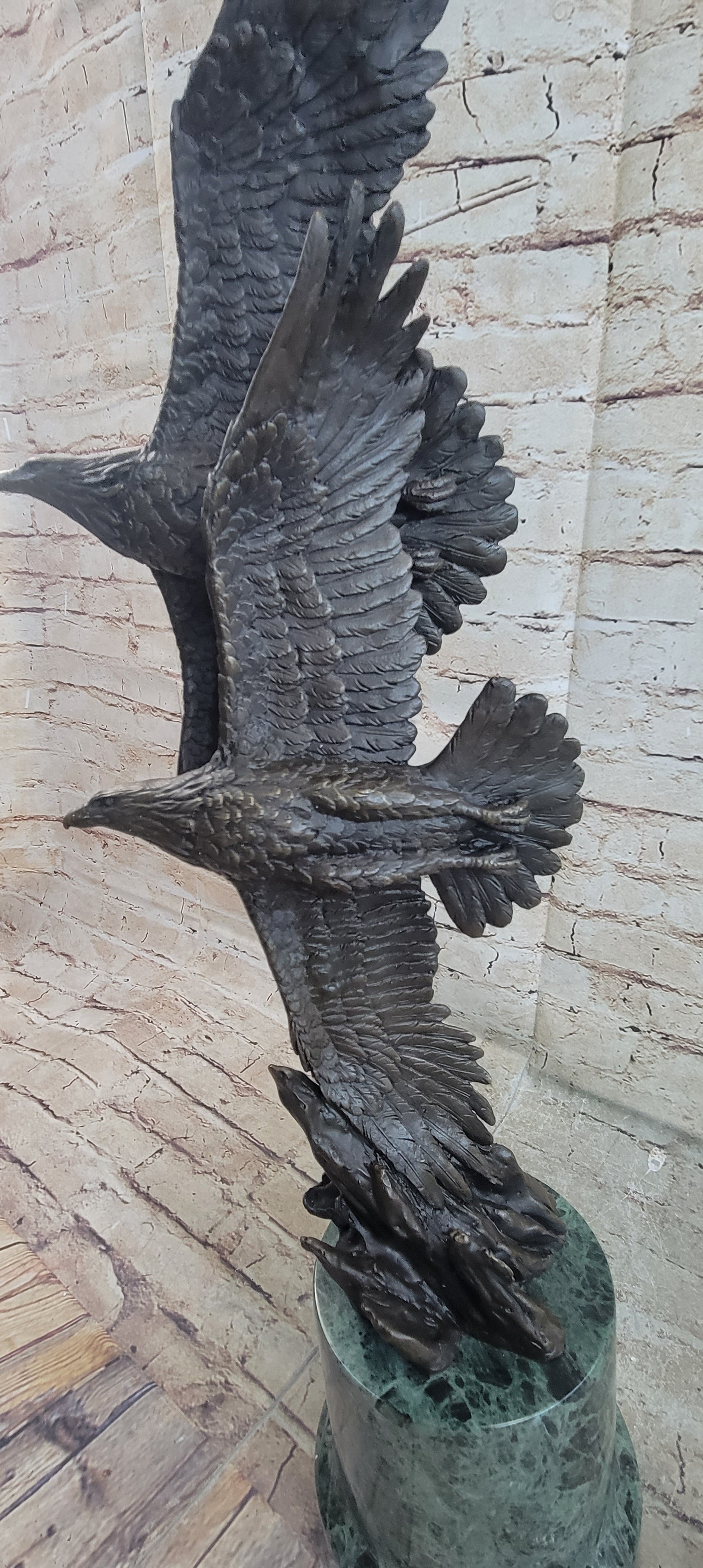 Bald Eagles Flying Bronze Metal Sculpture on Green Marble Base