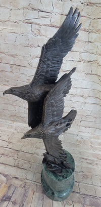 Bald Eagles Flying Bronze Metal Sculpture on Green Marble Base