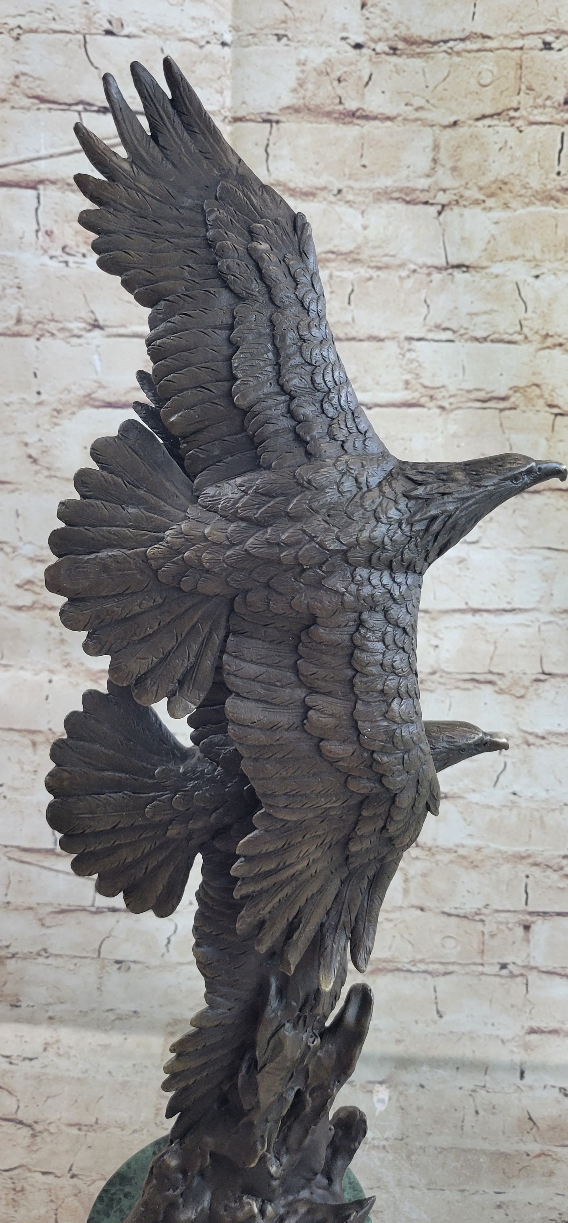 Bald Eagles Flying Bronze Metal Sculpture on Green Marble Base