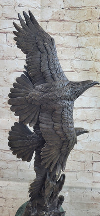 Bald Eagles Flying Bronze Metal Sculpture on Green Marble Base