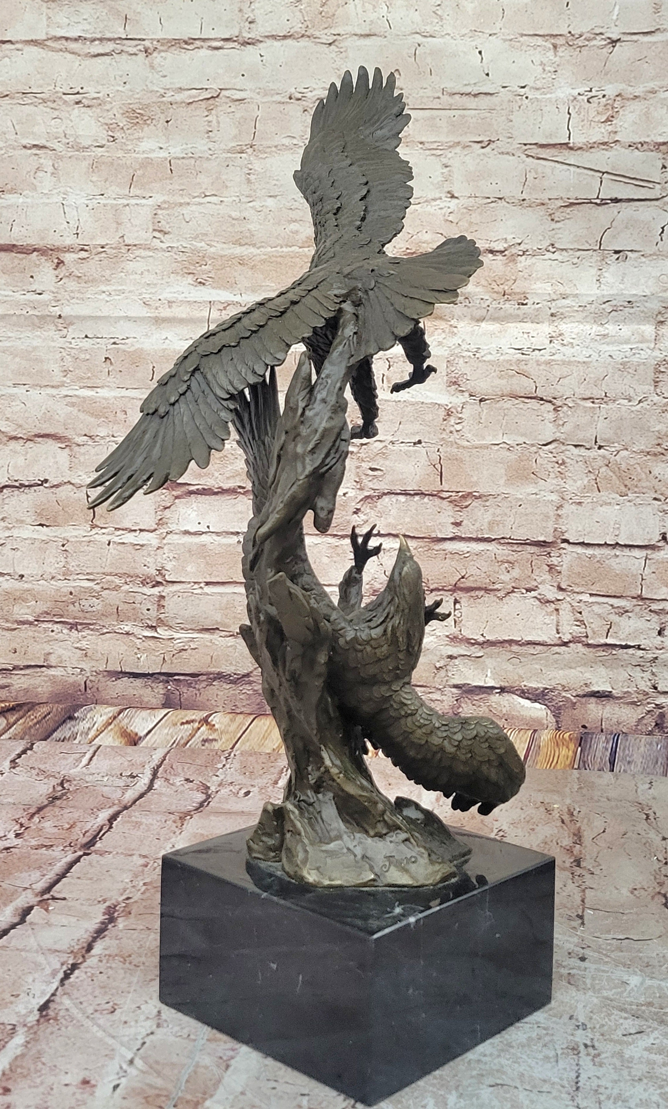 Two American Bald Eagles Fighting Bronze Sculpture Signed Art