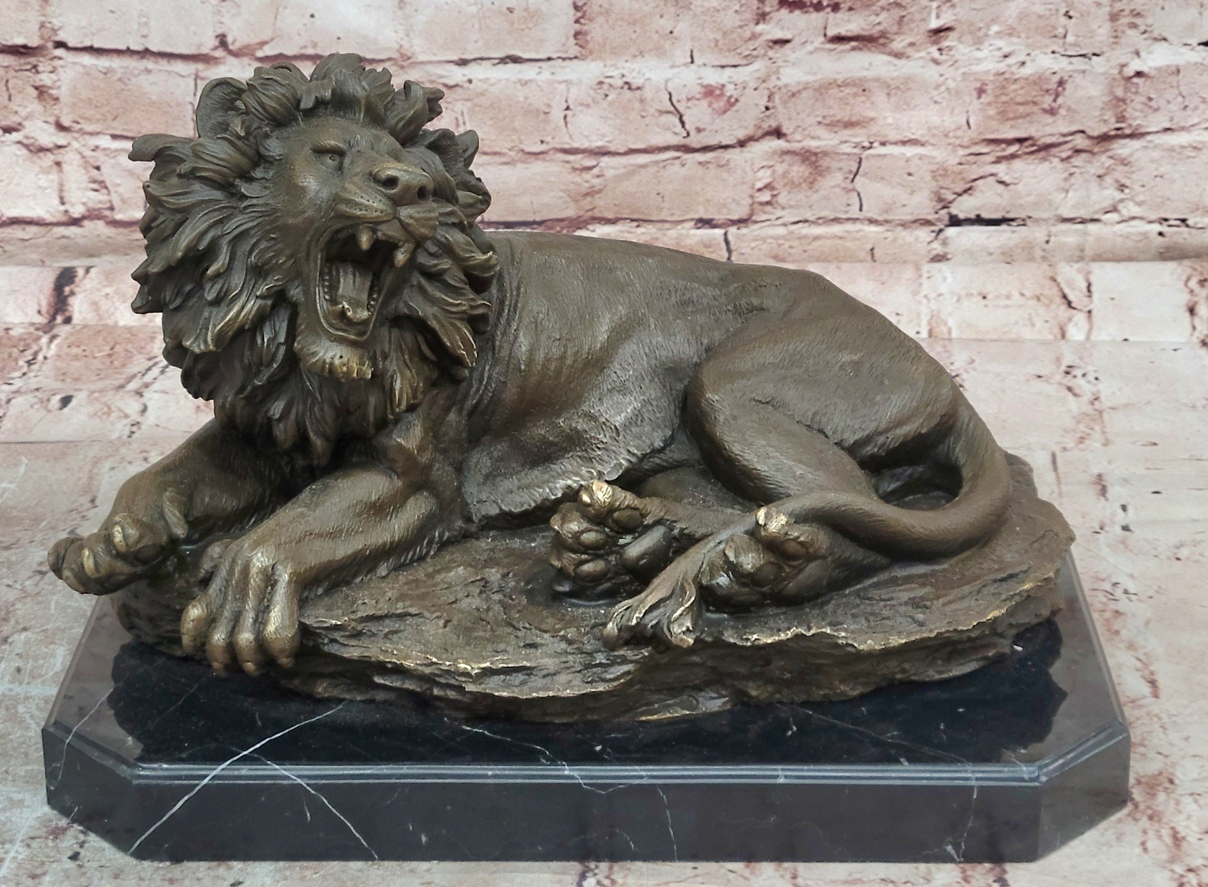 Bronze Statue Animal Roaring Lion Sculpture Garden Figurine Signed Juno