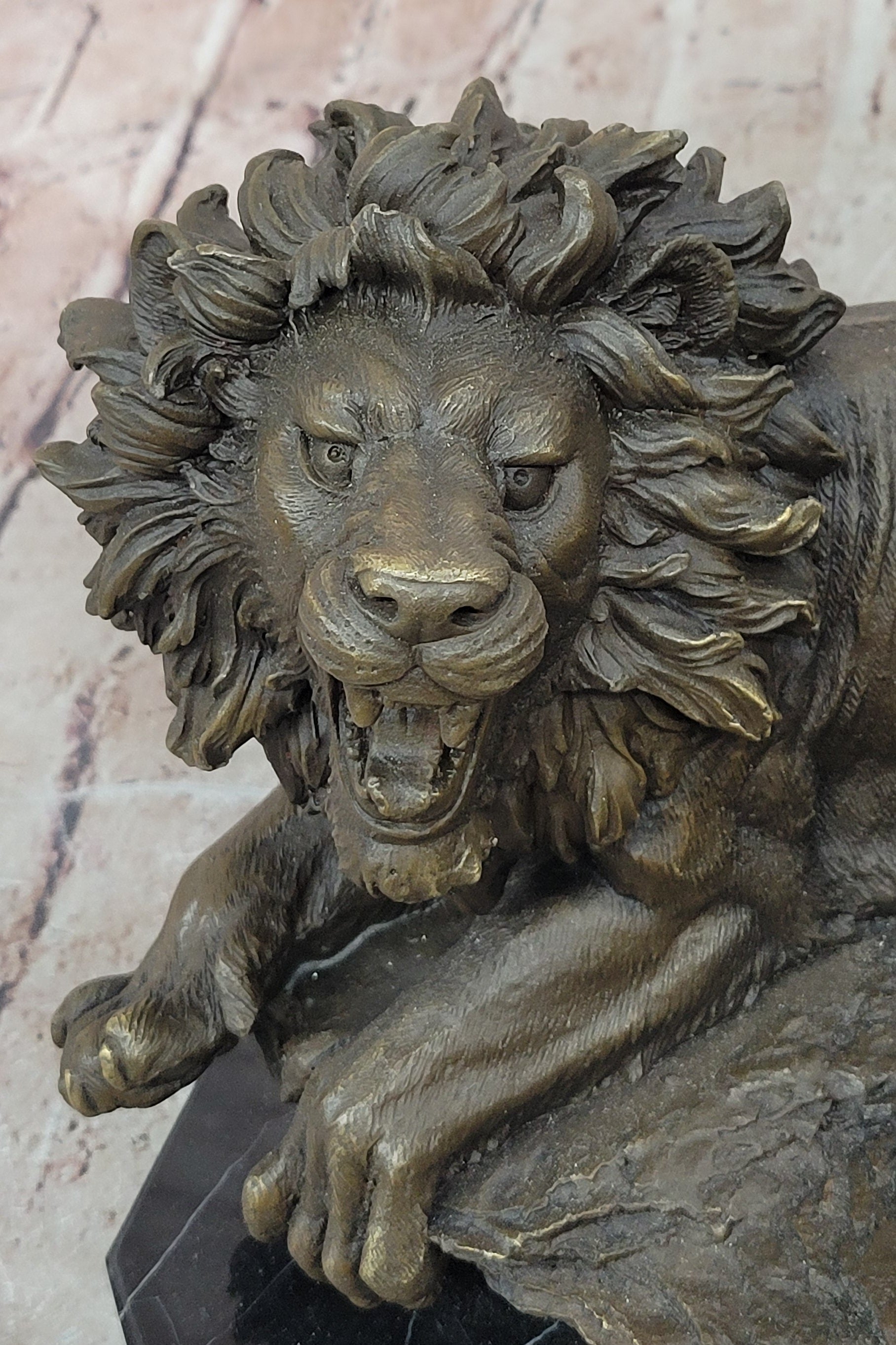 Bronze Statue Animal Roaring Lion Sculpture Garden Figurine Signed Juno