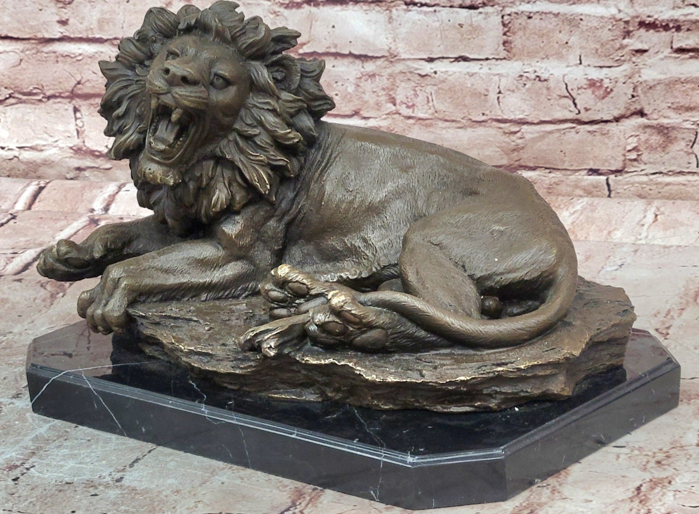 Bronze Statue Animal Roaring Lion Sculpture Garden Figurine Signed Juno