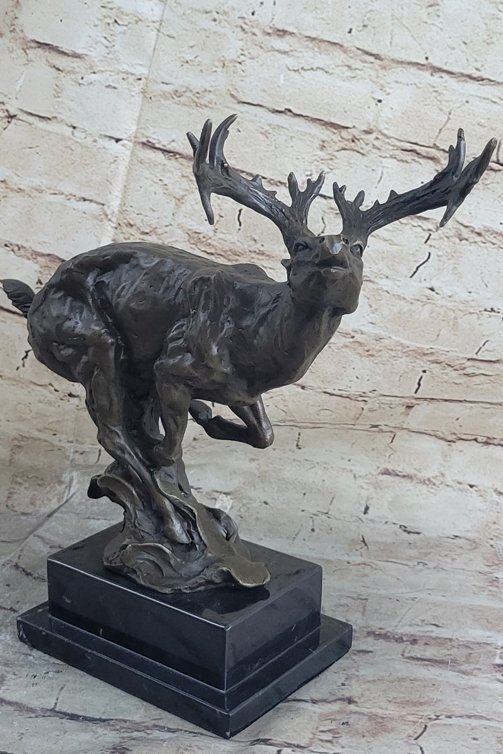 Signed Male Deer Buck Hunting Bronze Sculpture