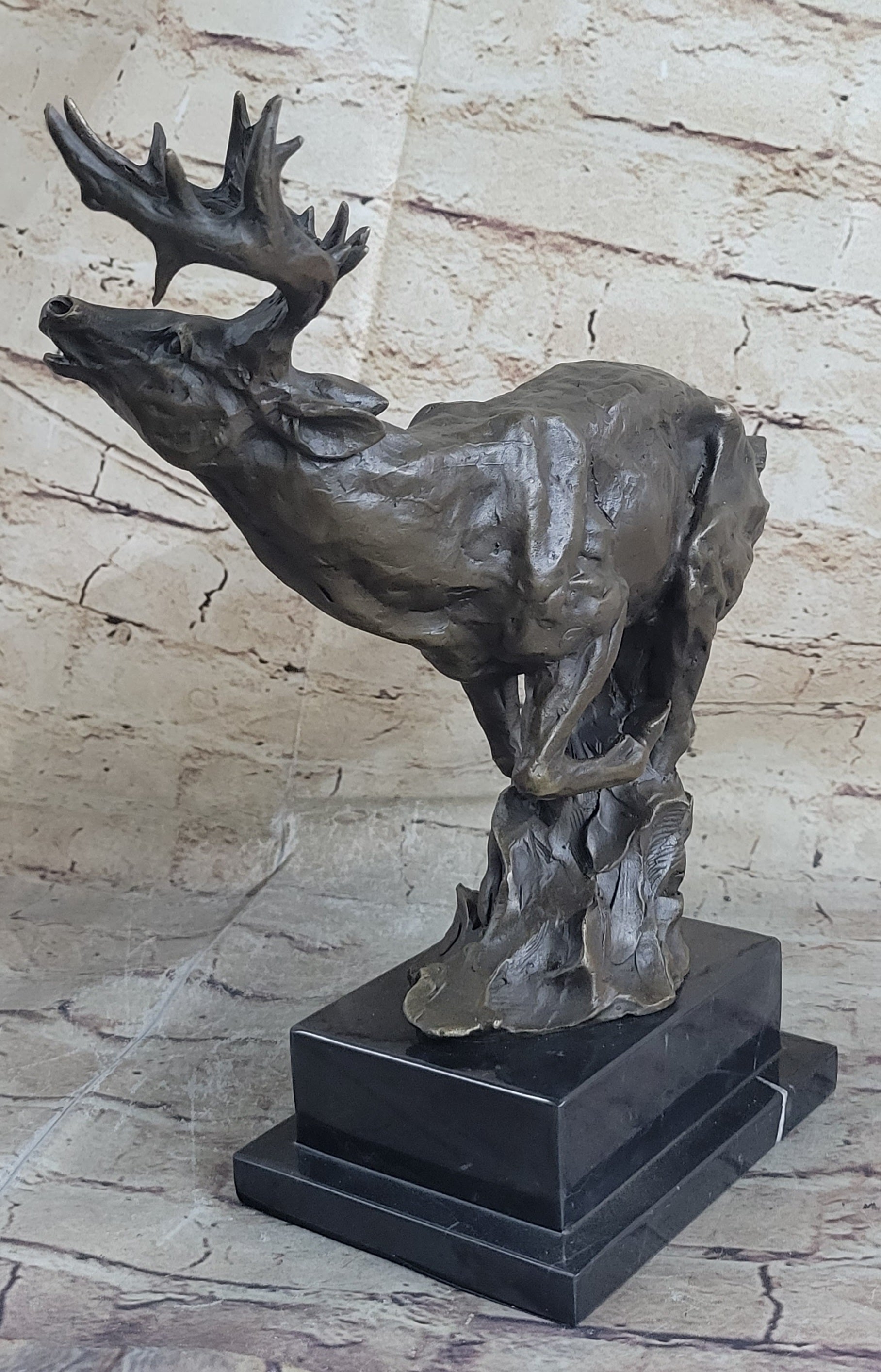 Signed Male Deer Buck Hunting Bronze Sculpture