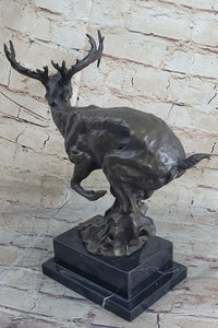 Signed Male Deer Buck Hunting Bronze Sculpture