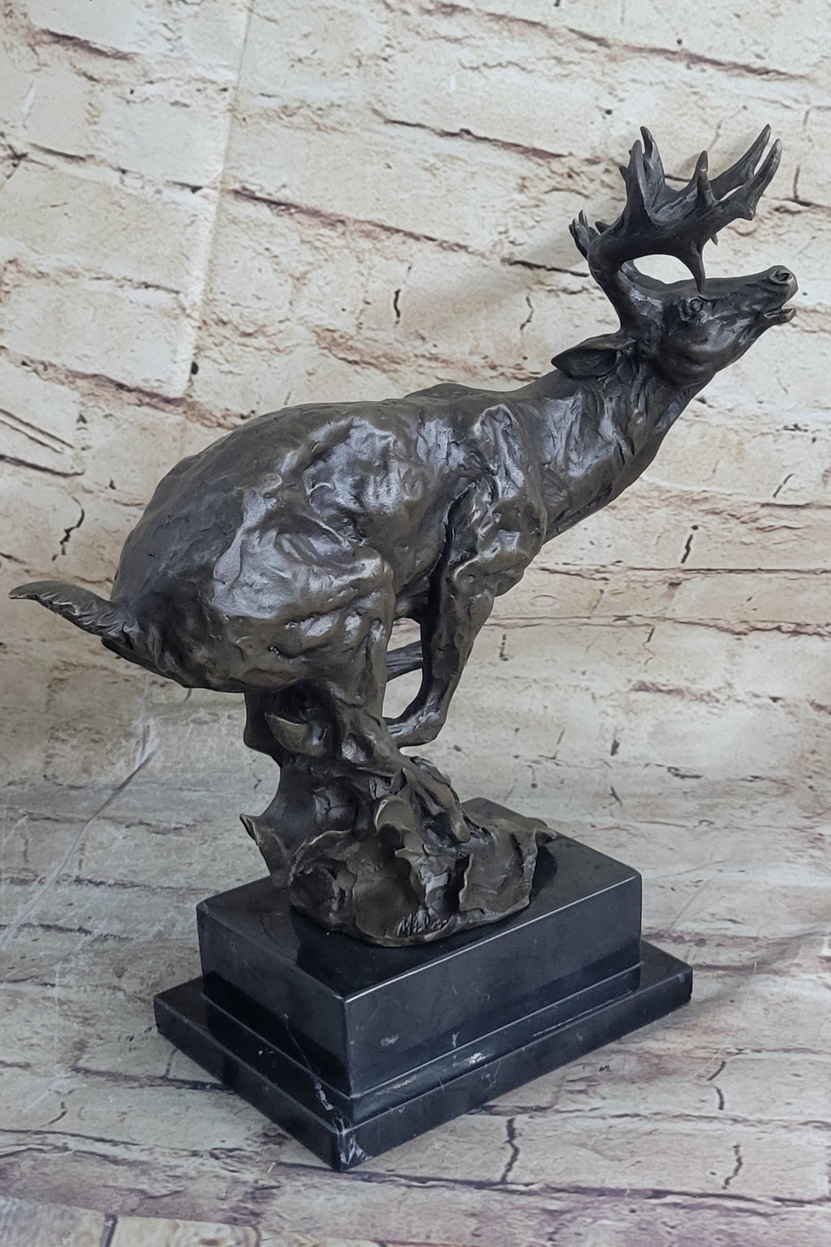 Signed Male Deer Buck Hunting Bronze Sculpture