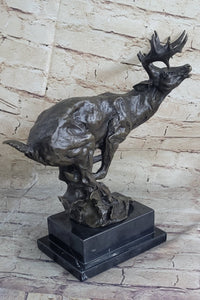 Signed Male Deer Buck Hunting Bronze Sculpture