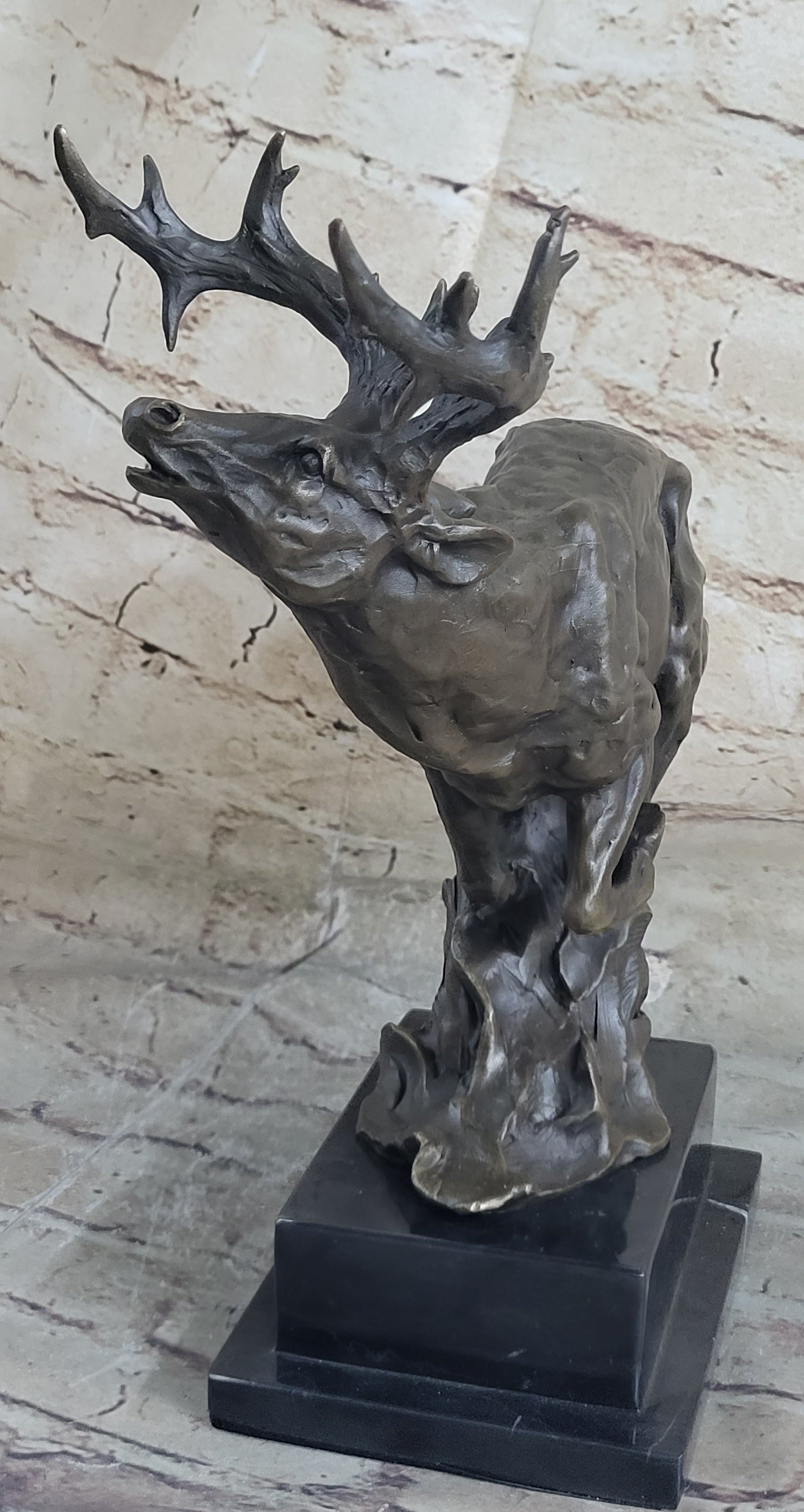Signed Male Deer Buck Hunting Bronze Sculpture