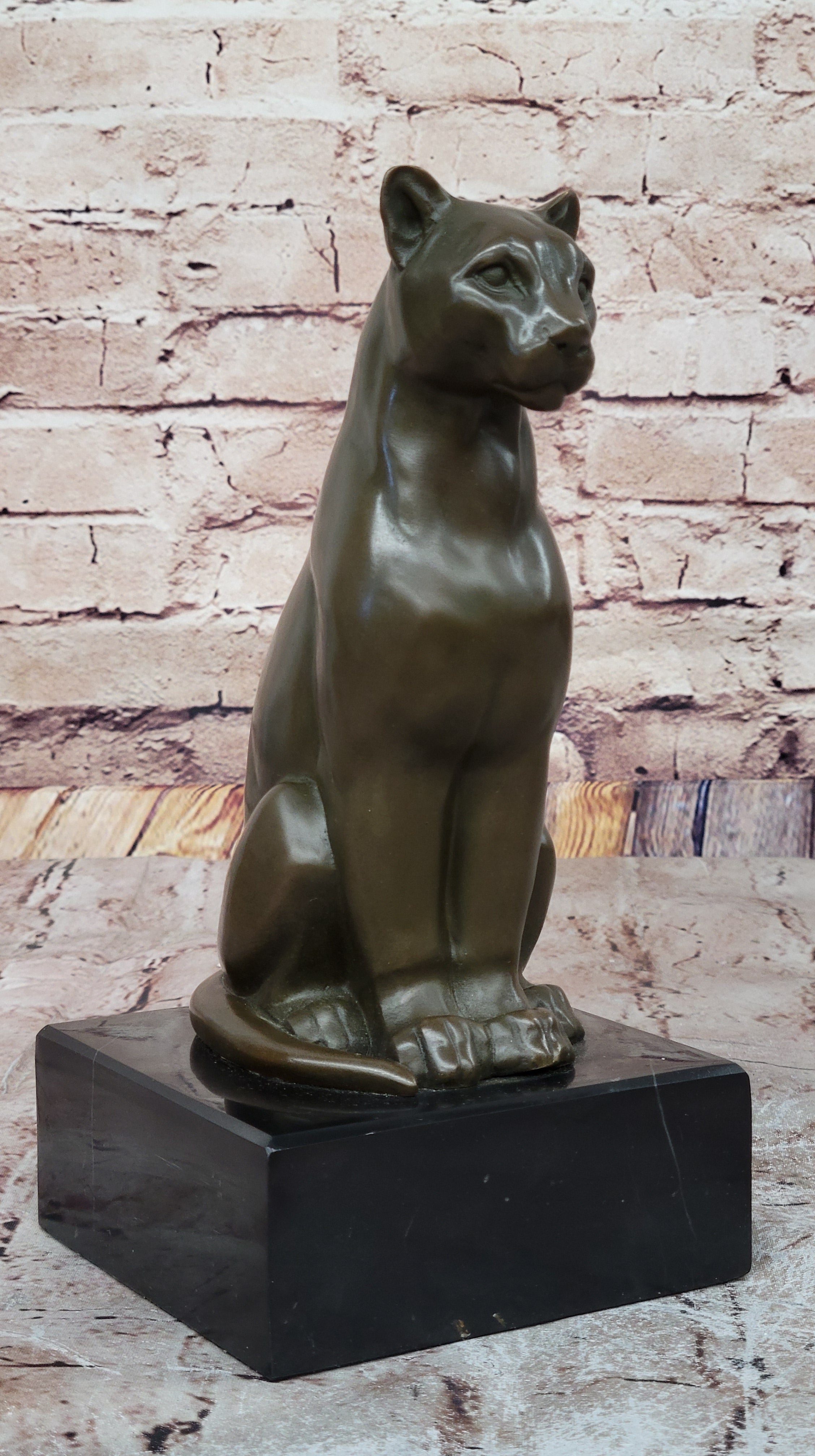 Panther Puma Cougar Cat Bronze Sculpture on Marble Base