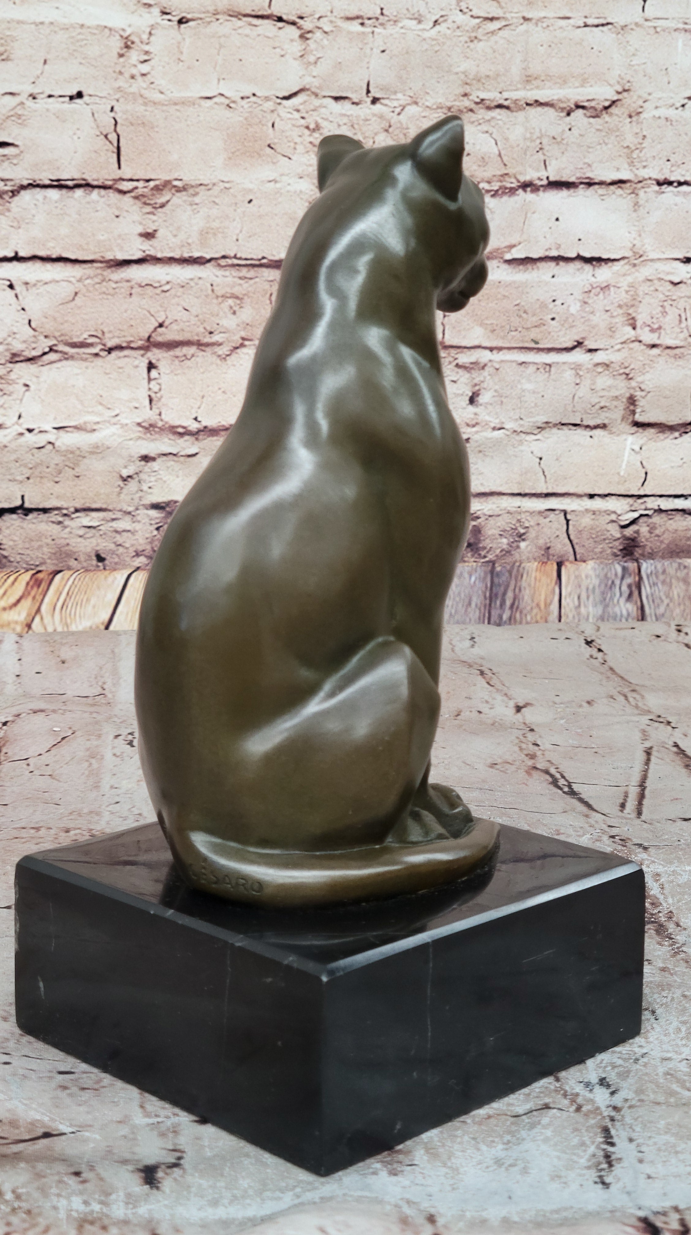Panther Puma Cougar Cat Bronze Sculpture on Marble Base