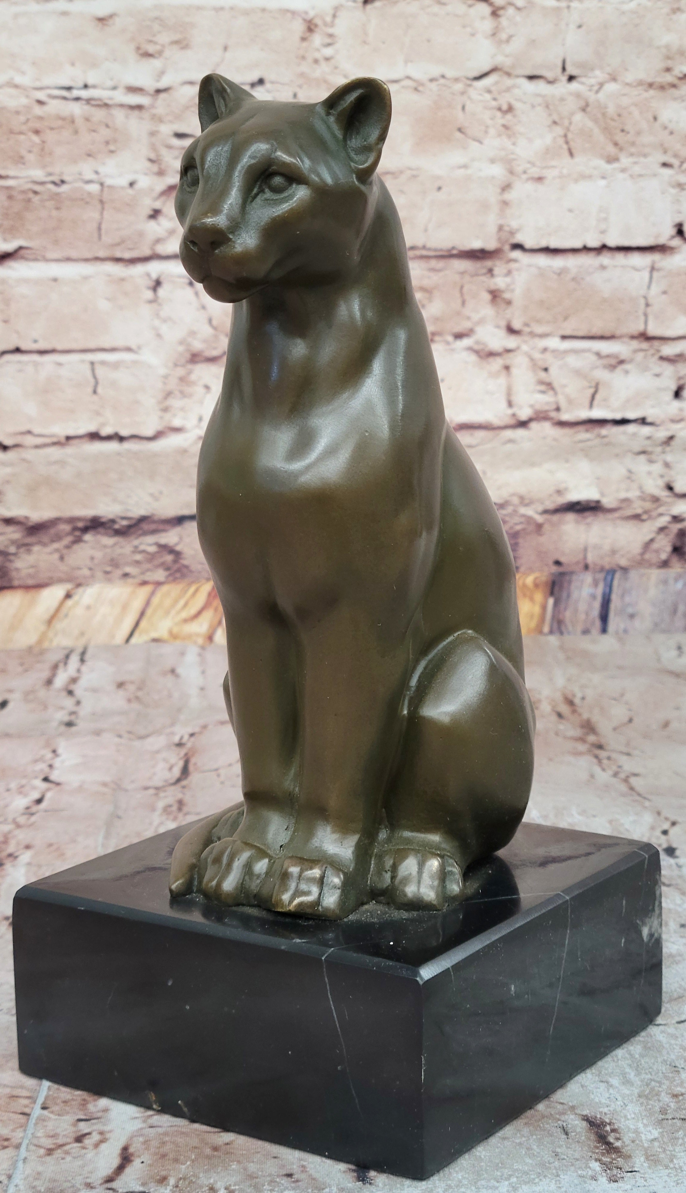 Panther Puma Cougar Cat Bronze Sculpture on Marble Base