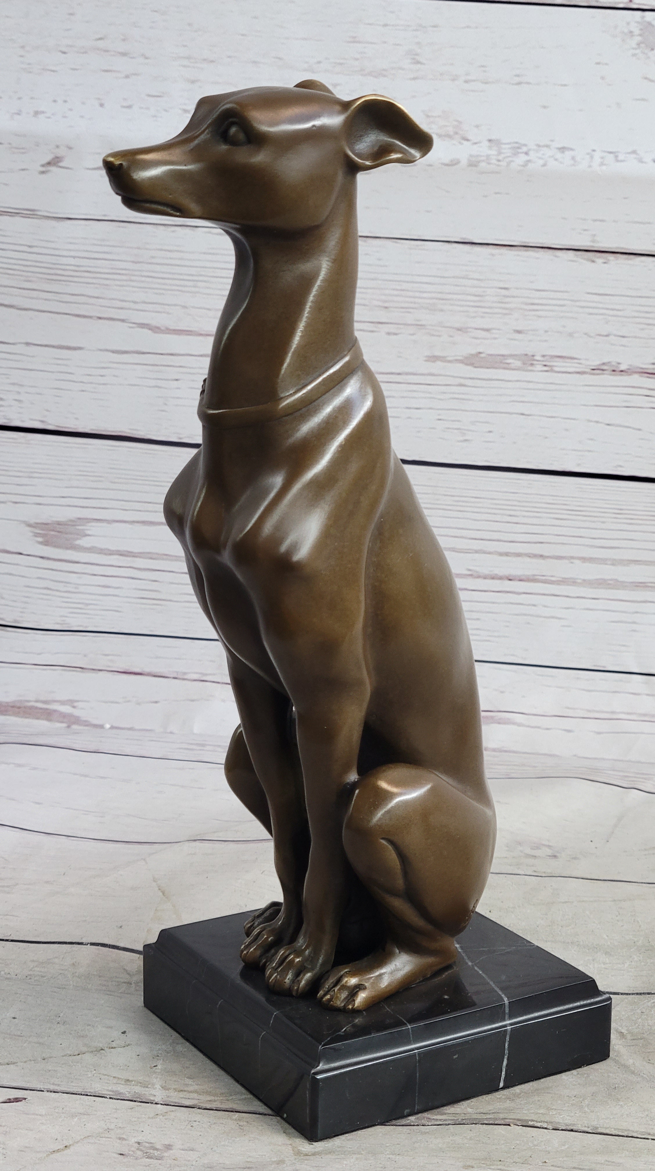 Greyhound Guardian Dog Bronze Sculpture Signed on Marble Base