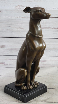 Greyhound Guardian Dog Bronze Sculpture Signed on Marble Base