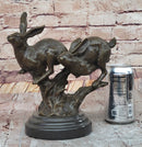 Pair of Running Rabbits Hares Bunnies Bronze Sculpture Signed Art