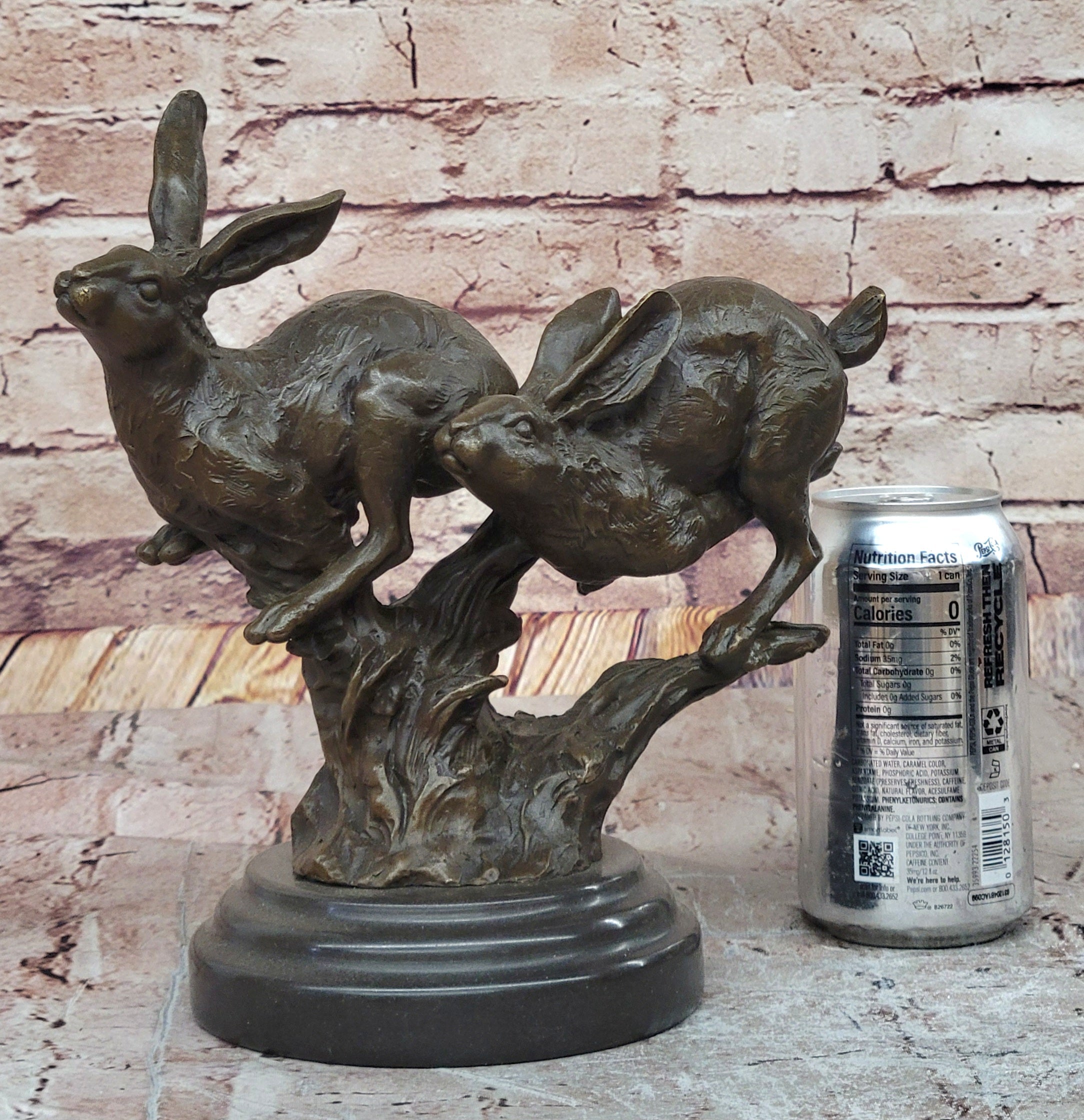Pair of Running Rabbits Hares Bunnies Bronze Sculpture Signed Art