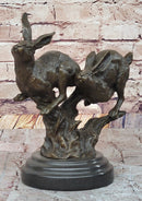 Pair of Running Rabbits Hares Bunnies Bronze Sculpture Signed Art