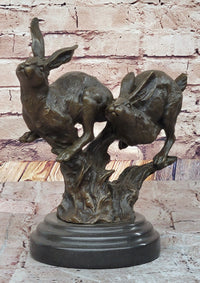 Pair of Running Rabbits Hares Bunnies Bronze Sculpture Signed Art