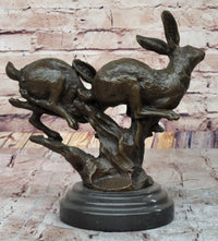 Pair of Running Rabbits Hares Bunnies Bronze Sculpture Signed Art