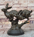 Pair of Running Rabbits Hares Bunnies Bronze Sculpture Signed Art