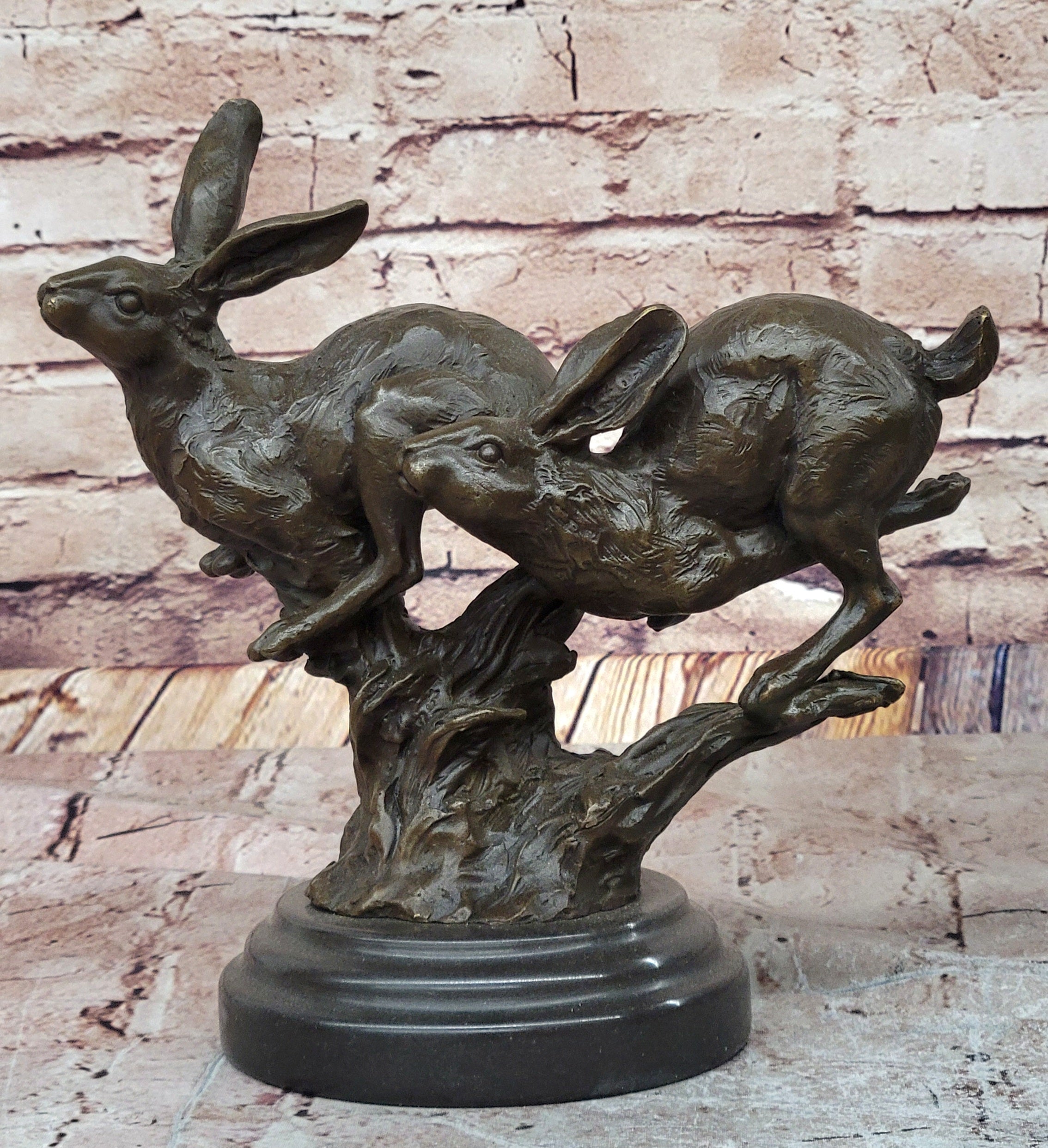 Pair of Running Rabbits Hares Bunnies Bronze Sculpture Signed Art