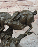 Pair of Running Rabbits Hares Bunnies Bronze Sculpture Signed Art
