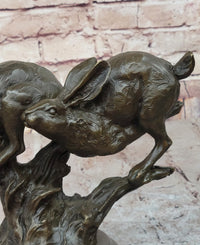 Pair of Running Rabbits Hares Bunnies Bronze Sculpture Signed Art